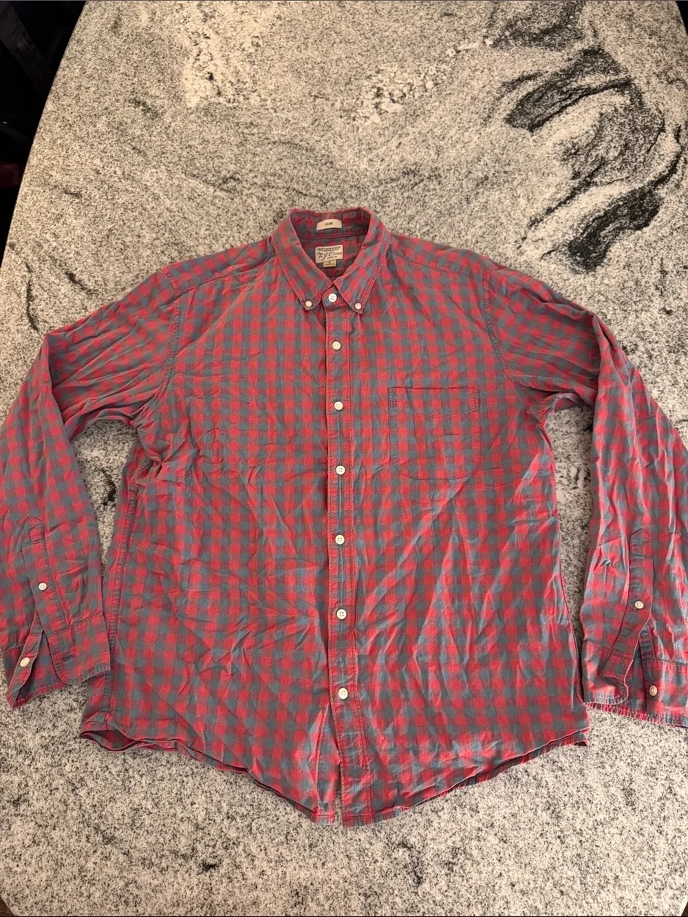 JCrew Men's Red and Gray Plaid Button-Down Shirt - Casual Everyday - Secret Wash